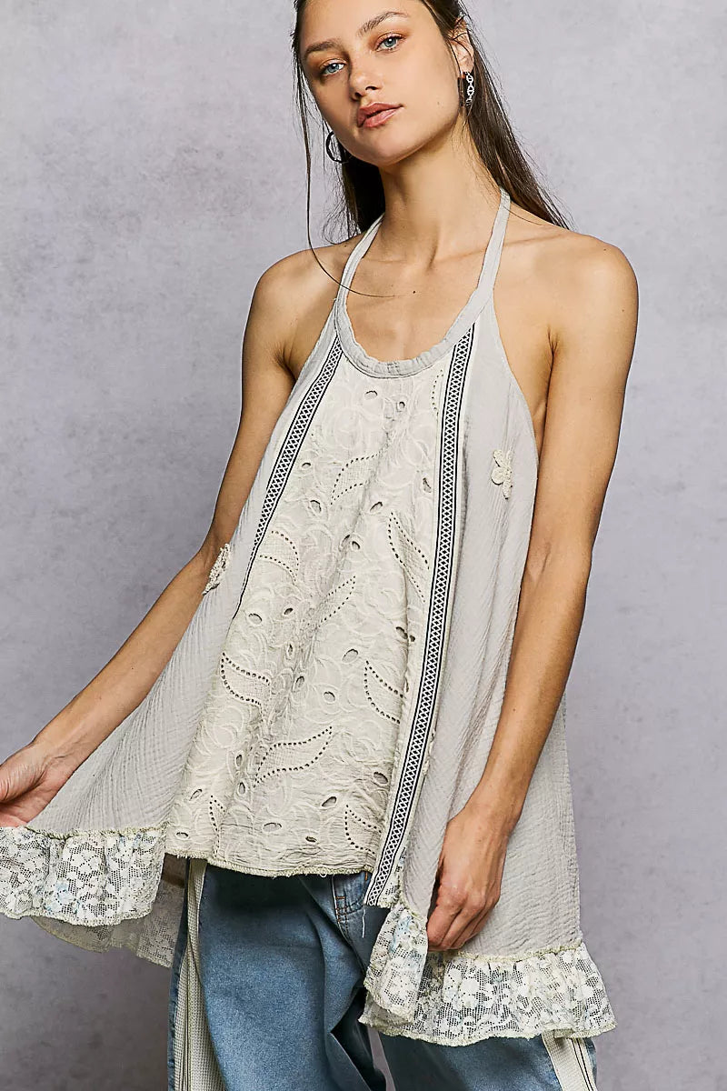 Light taupe lace ruffle halter neck blouse with double gauze fabric and crochet patch details, stylish Trendsi top.