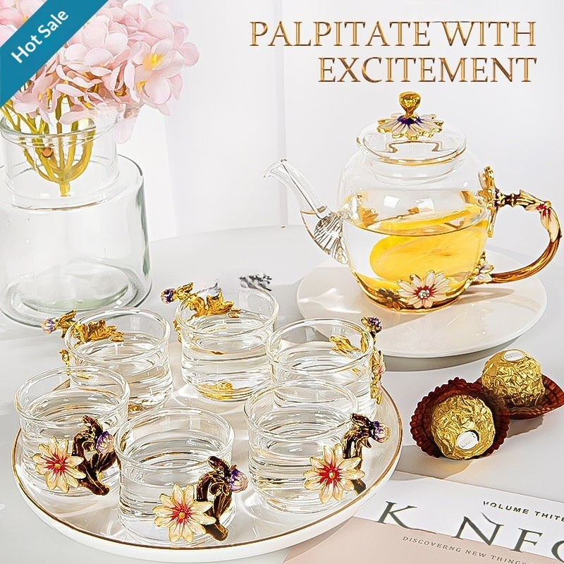 Cottage Garden enamel glass tea set with floral daisies, including a teapot and six matching teacups from 24 Hour Crafts.