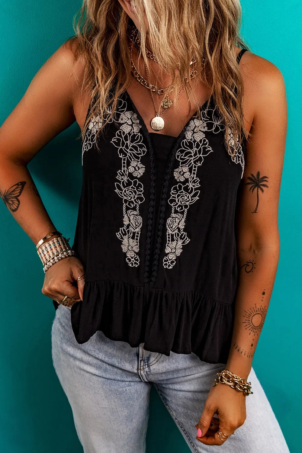 Moonpetal embroidered ruffle cami blouse with delicate embroidery and ruffled straps, perfect for a feminine, stylish look.
