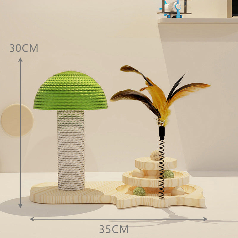 Sisal rope mushroom cat scratching post with interactive ball track, wooden design, and 2-in-1 cat accessory from 24 Hour Crafts