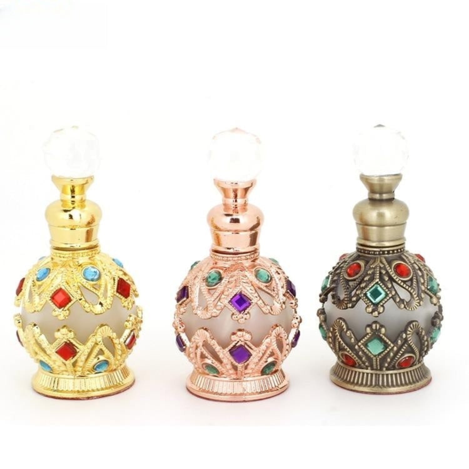 Ornate 15ml glass essential oil bottle with gold, rose gold, and bronze finish, decorative perfume and potion vial by 24 Hour Crafts