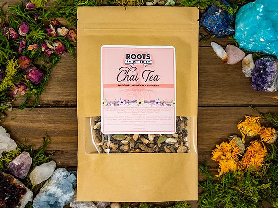 Root to Remedies Forest-Brewed Mushroom Chai tea blend in a cup showing rich, earthy mushroom and spice flavors for enchanted evenings.