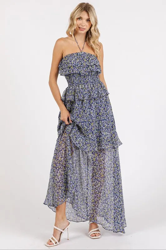 Navy floral Midnight Bloom Ruffle Halter Dress by Trendsi, front view showing ruffled neckline and halter style.