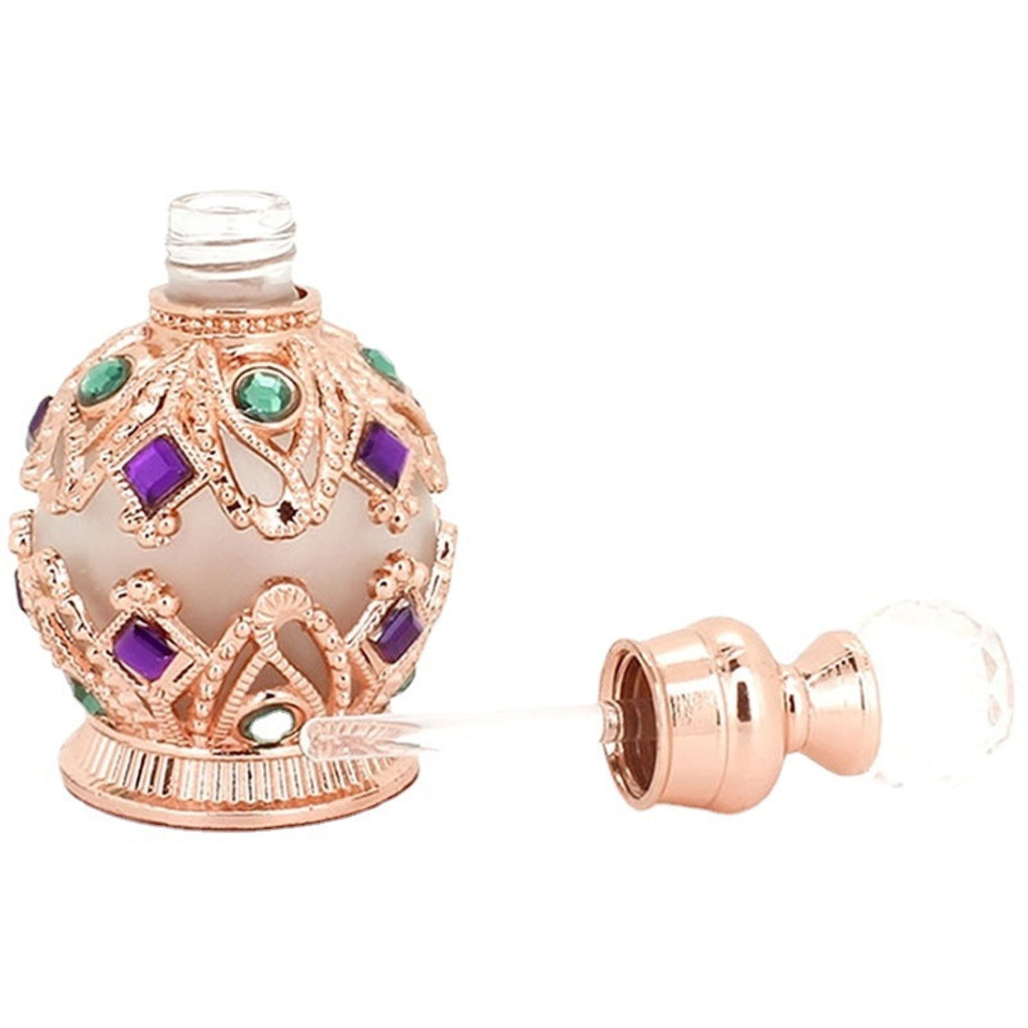 Ornate 15ml rose gold glass essential oil bottle with decorative design, used for perfume or potion storage.