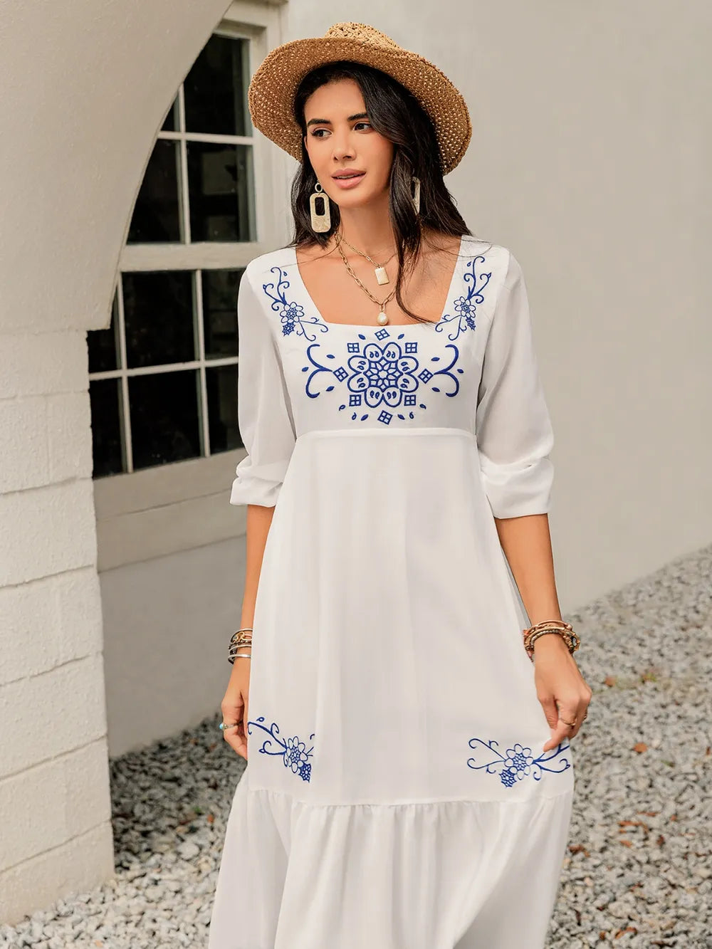 Front view of a floral printed square-neck balloon sleeve dress by Trendsi, featuring soft fabric and whimsical cottagecore style.