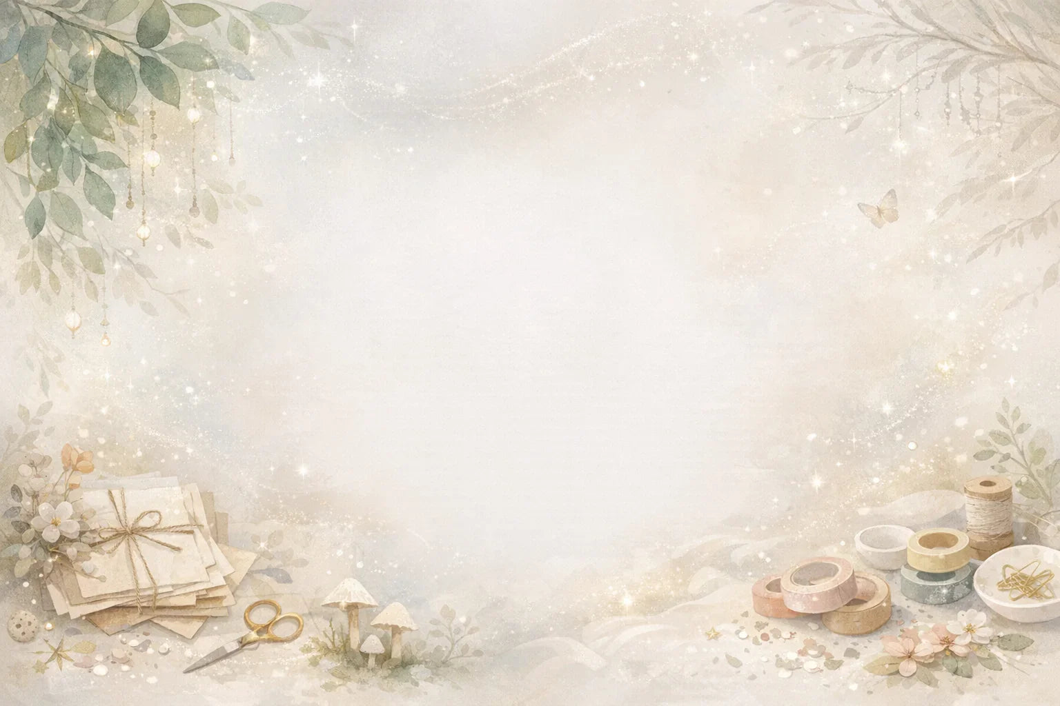 Whimsical fairy tale crafting scene with washi tape, scissors, mushrooms, and sparkling leaves for creative projects