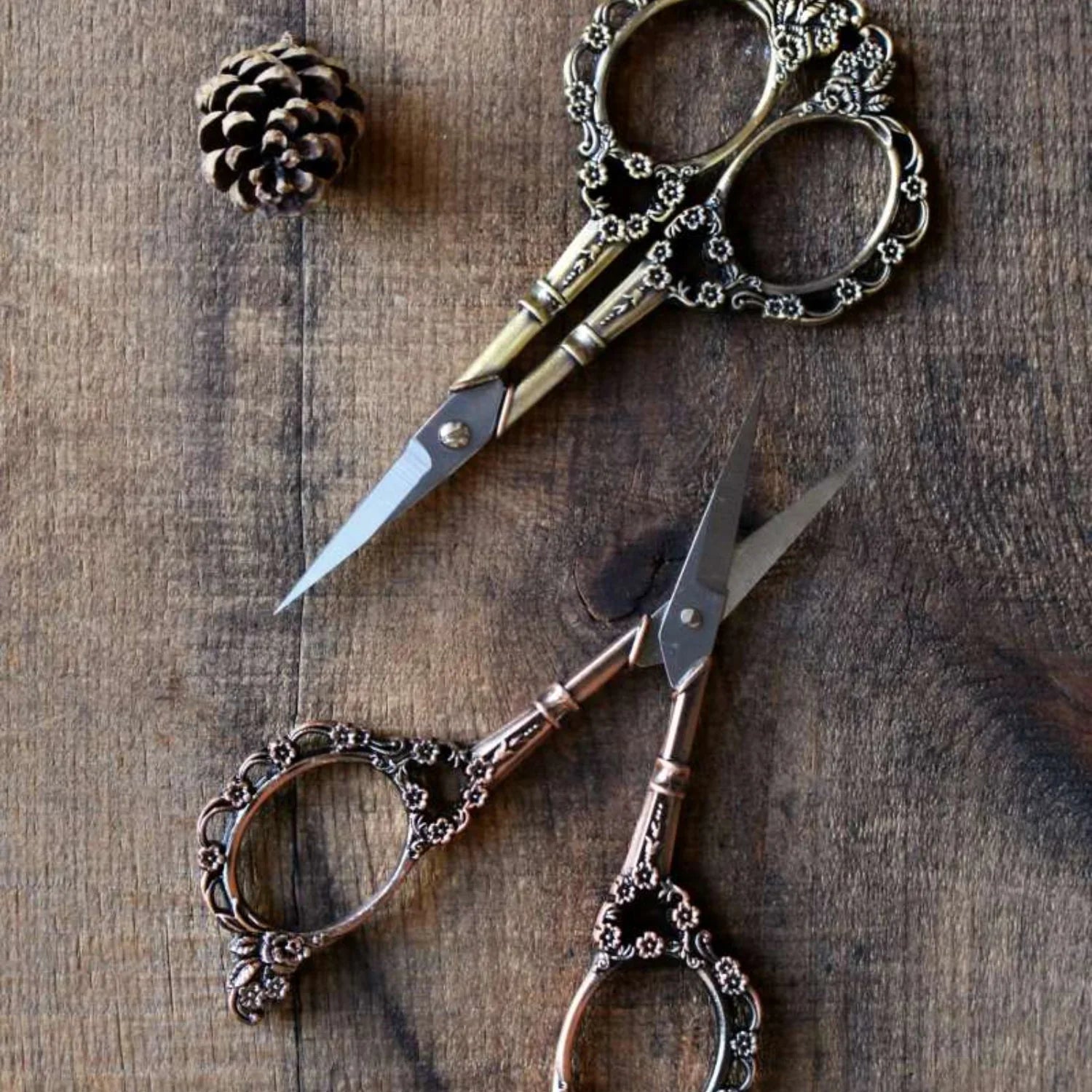 Victorian floral craft scissors with antique finish, featuring ornate scrollwork design, ideal for sewing and journaling crafts.