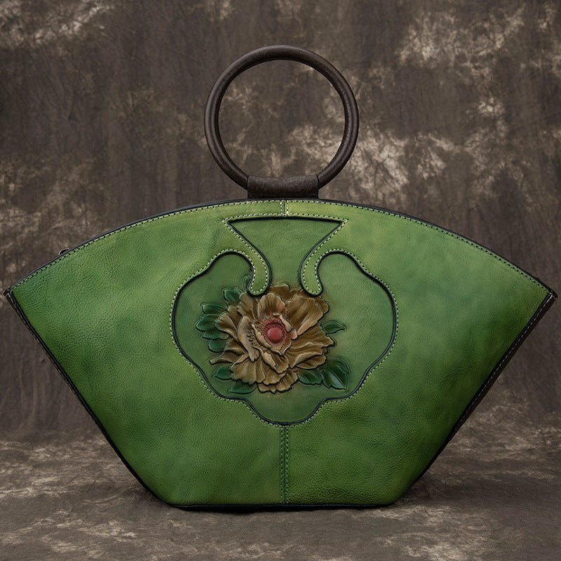 Woodland green leather Boston purse with fairy wishing bottle motif, vintage shoulder bag by cjdropshipping.